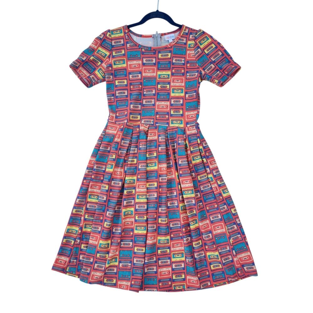 LuLaRoe Amelia Dress Size Small Cassette Tape Print Retro Vintage Fit Flare